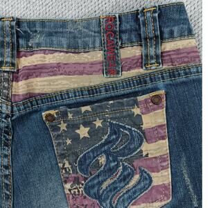 Rocawear‎ Vintage Denim Shorts Womens 11 Blue Cuffed Flag Logo Embroidered